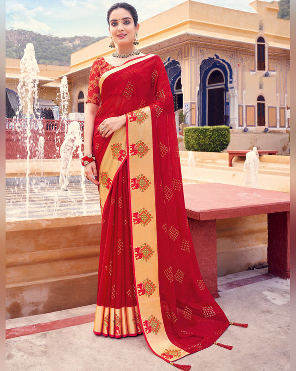 Vishal Prints Cherry Red Printed Chiffon Saree With Foil Print, Weaved Viscose Patta And Border