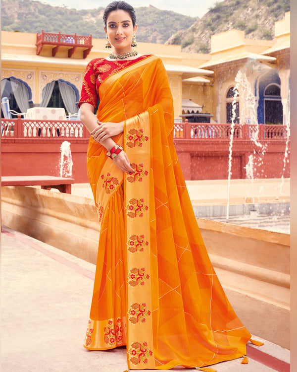 Vishal Prints Orange Printed Chiffon Saree With Foil Print, Weaved Viscose Patta And Border