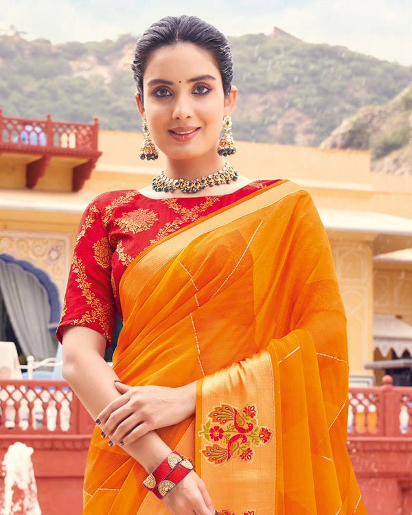 Vishal Prints Orange Printed Chiffon Saree With Foil Print, Weaved Viscose Patta And Border