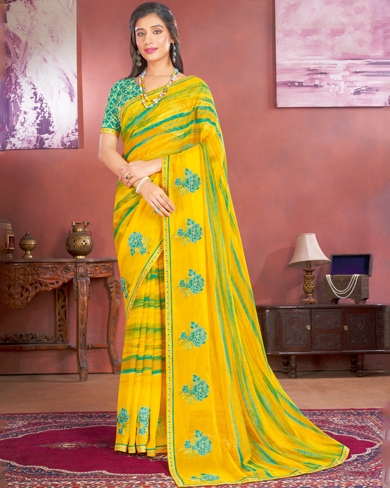 Vishal Prints Yellow Designer Patterned Chiffon Printed Saree With Embroidery Work And Fancy Border