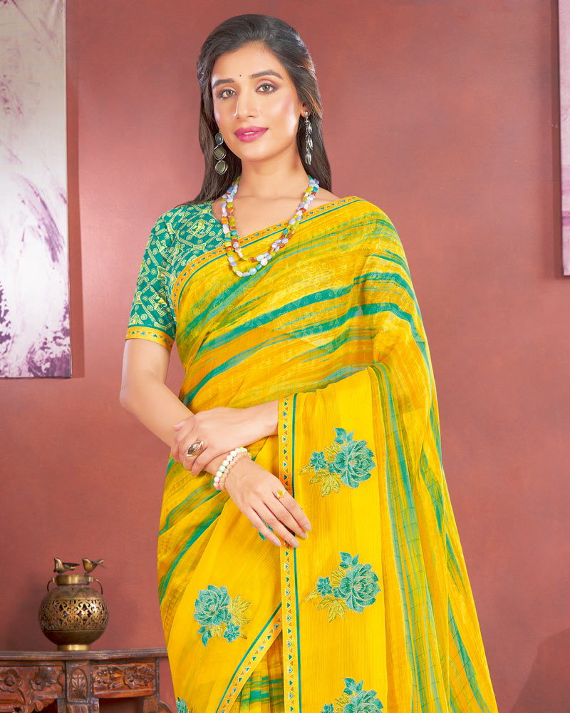 Vishal Prints Yellow Designer Patterned Chiffon Printed Saree With Embroidery Work And Fancy Border