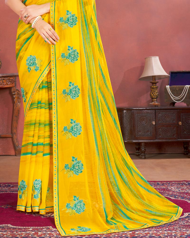 Vishal Prints Yellow Designer Patterned Chiffon Printed Saree With Embroidery Work And Fancy Border