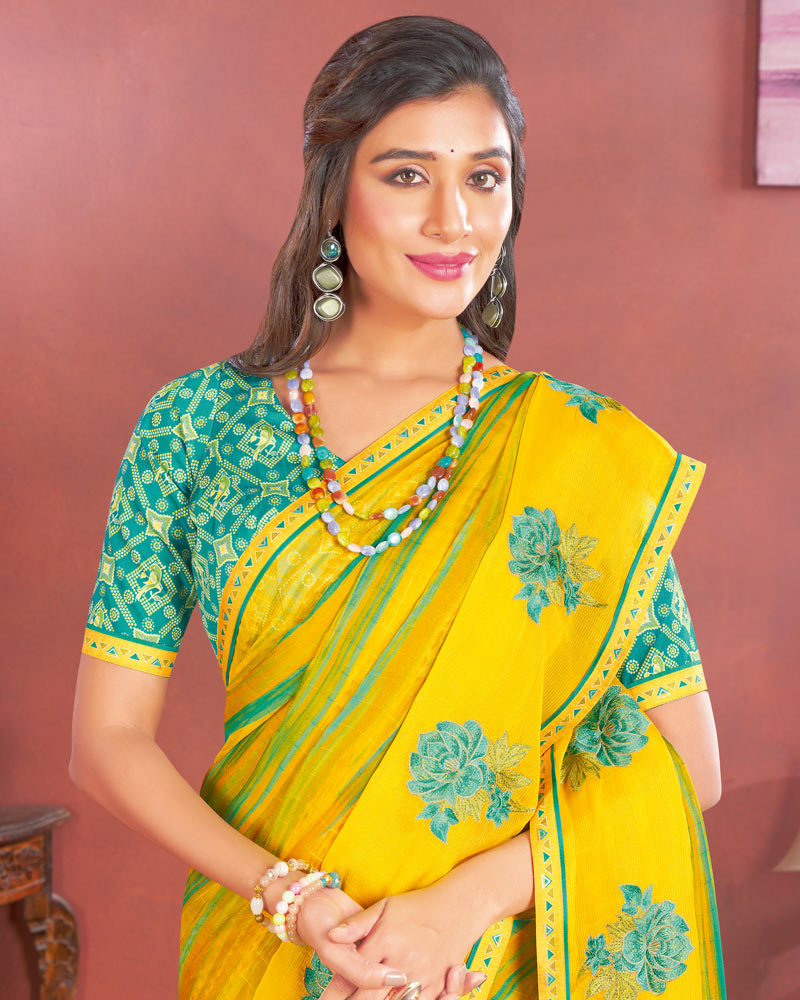 Vishal Prints Yellow Designer Patterned Chiffon Printed Saree With Embroidery Work And Fancy Border