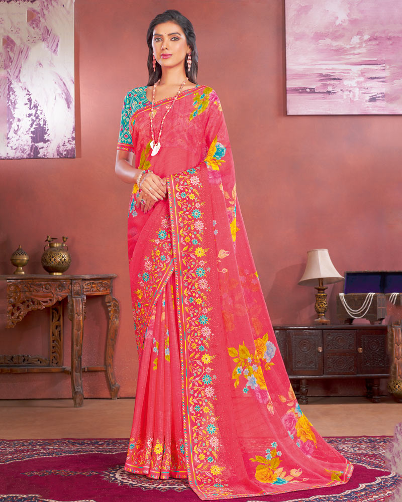 Vishal Prints Red Pink Designer Patterned Chiffon Printed Saree With Embroidery Work And Fancy Border