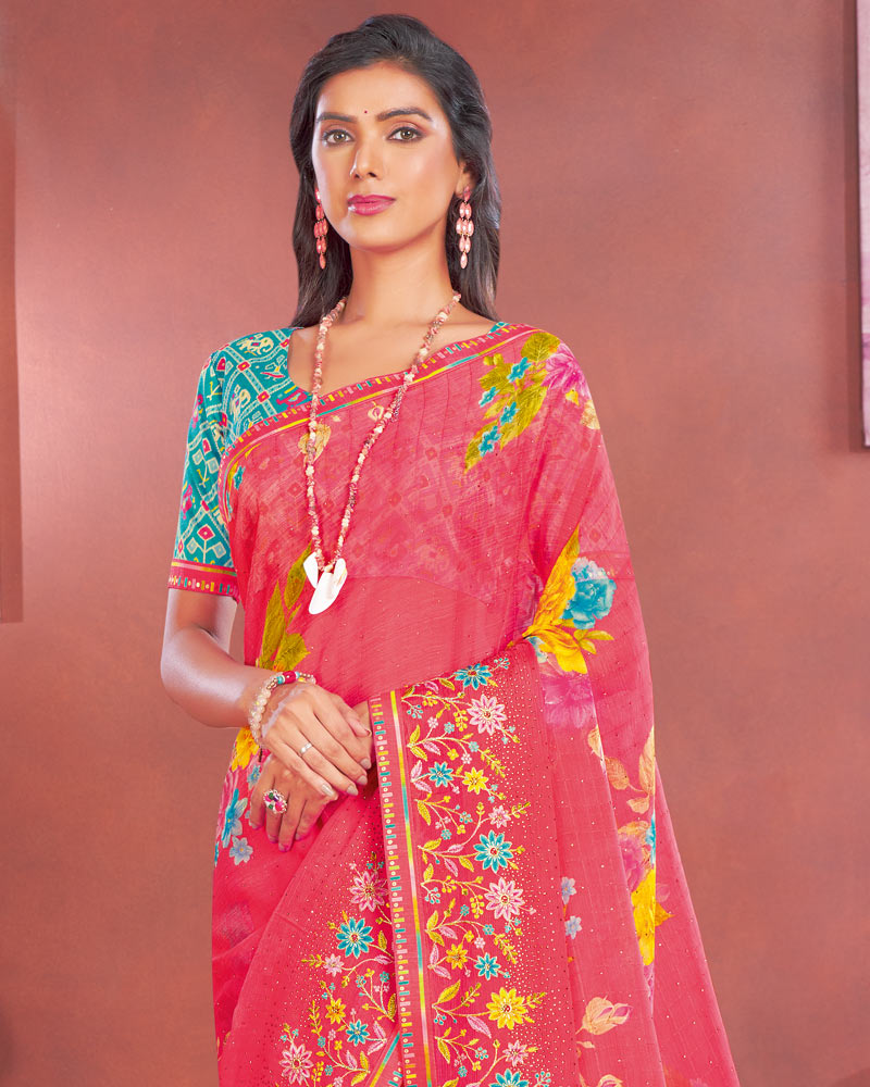 Vishal Prints Red Pink Designer Patterned Chiffon Printed Saree With Embroidery Work And Fancy Border