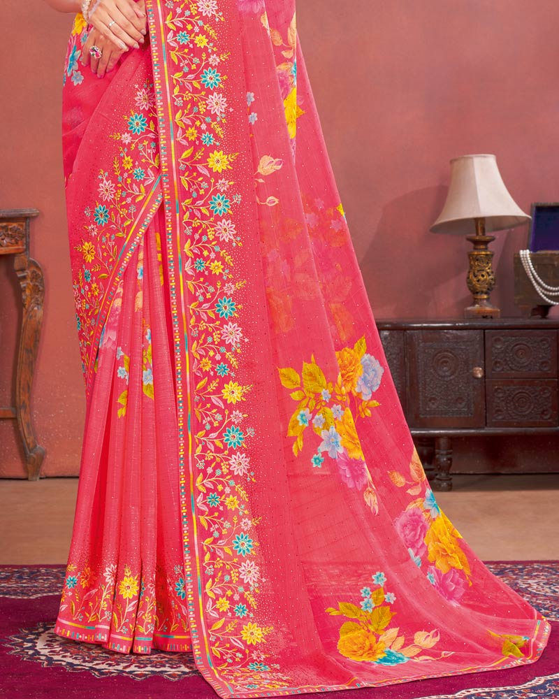 Vishal Prints Red Pink Designer Patterned Chiffon Printed Saree With Embroidery Work And Fancy Border