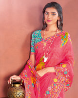 Vishal Prints Red Pink Designer Patterned Chiffon Printed Saree With Embroidery Work And Fancy Border