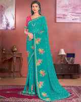 Vishal Prints Dark Turquoise Blue Designer Patterned Chiffon Printed Saree With Embroidery Work And Fancy Border