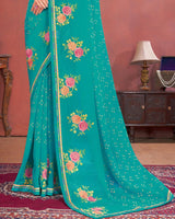 Vishal Prints Dark Turquoise Blue Designer Patterned Chiffon Printed Saree With Embroidery Work And Fancy Border