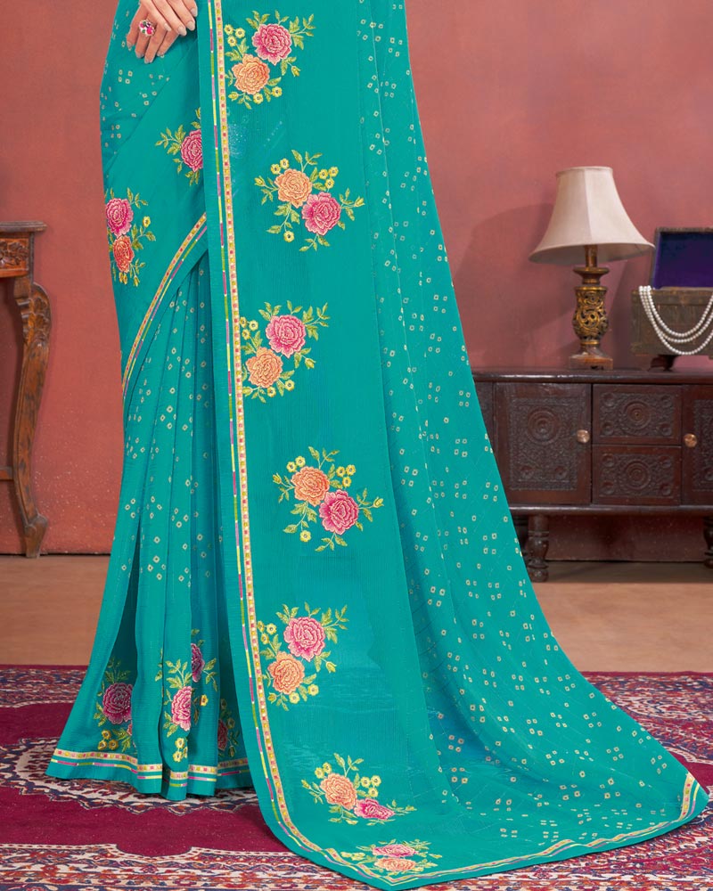 Vishal Prints Dark Turquoise Blue Designer Patterned Chiffon Printed Saree With Embroidery Work And Fancy Border