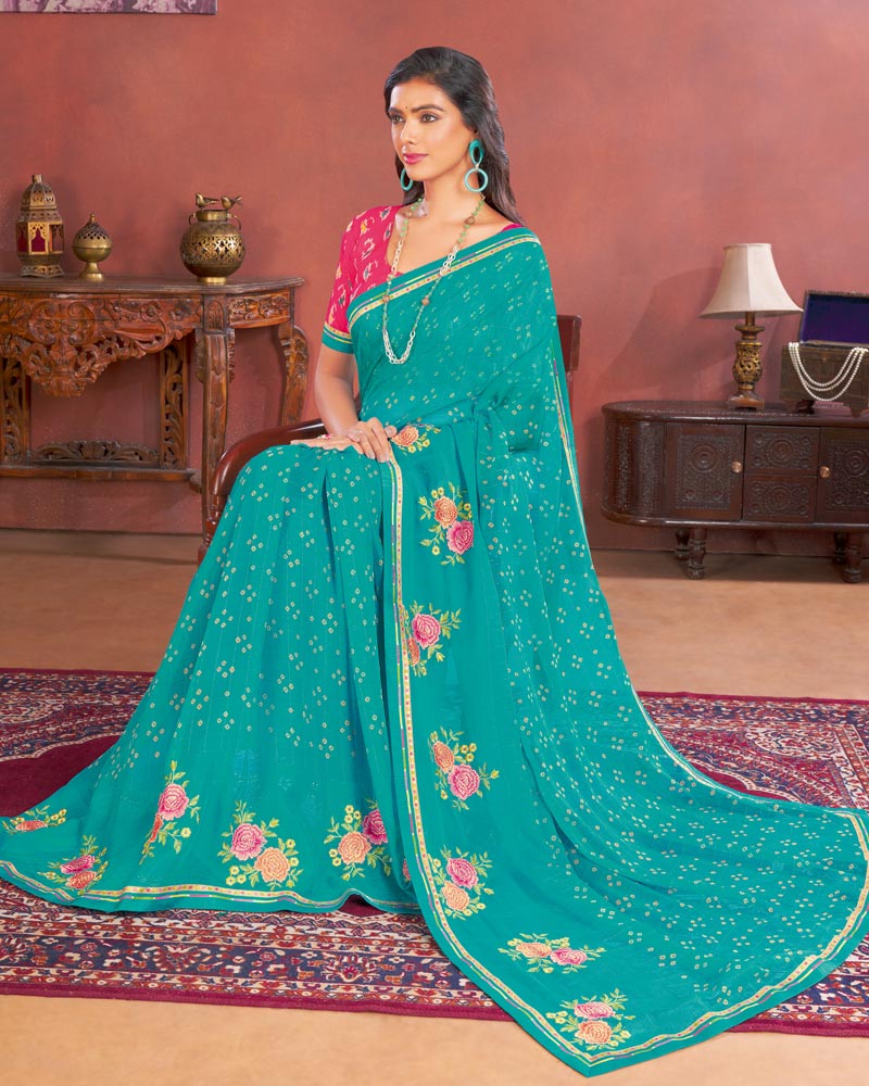 Vishal Prints Dark Turquoise Blue Designer Patterned Chiffon Printed Saree With Embroidery Work And Fancy Border