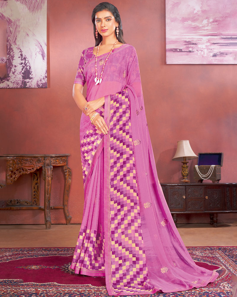 Vishal Prints Pastel Magenta Designer Patterned Chiffon Printed Saree With Embroidery Work And Fancy Border