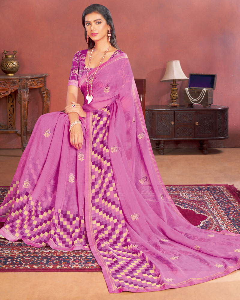 Vishal Prints Pastel Magenta Designer Patterned Chiffon Printed Saree With Embroidery Work And Fancy Border