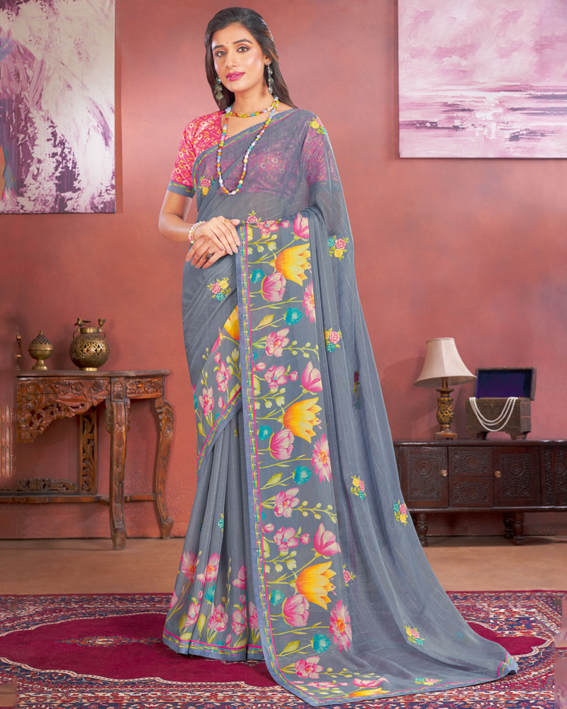 Vishal Prints Charcoal Grey Designer Patterned Chiffon Printed Saree With Embroidery Work And Fancy Border