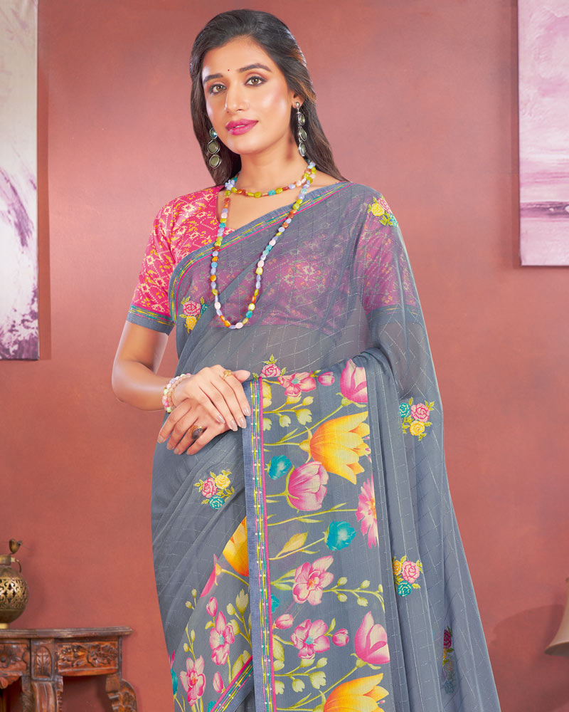 Vishal Prints Charcoal Grey Designer Patterned Chiffon Printed Saree With Embroidery Work And Fancy Border