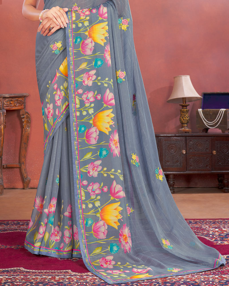 Vishal Prints Charcoal Grey Designer Patterned Chiffon Printed Saree With Embroidery Work And Fancy Border