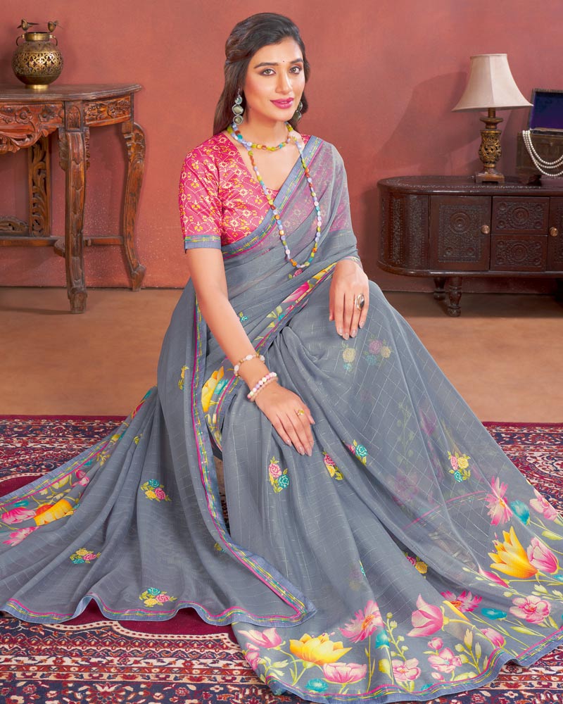 Vishal Prints Charcoal Grey Designer Patterned Chiffon Printed Saree With Embroidery Work And Fancy Border