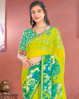 Vishal Prints Lime Green Designer Patterned Chiffon Printed Saree With Embroidery Work And Fancy Border