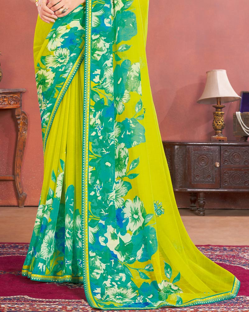 Vishal Prints Lime Green Designer Patterned Chiffon Printed Saree With Embroidery Work And Fancy Border