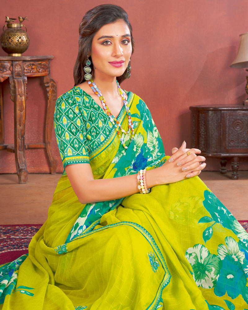 Vishal Prints Lime Green Designer Patterned Chiffon Printed Saree With Embroidery Work And Fancy Border