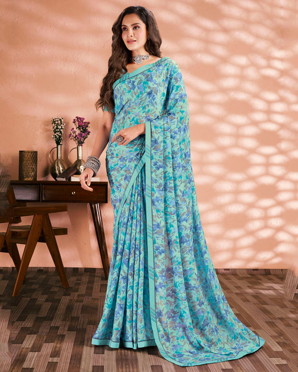 Vishal Prints Turquoise Blue Printed Criva Crepe Saree With Fancy Border