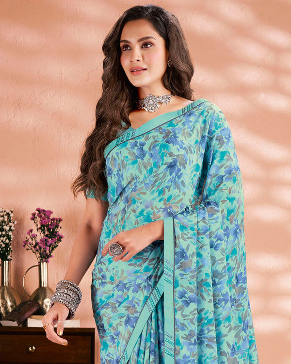 Vishal Prints Turquoise Blue Printed Criva Crepe Saree With Fancy Border