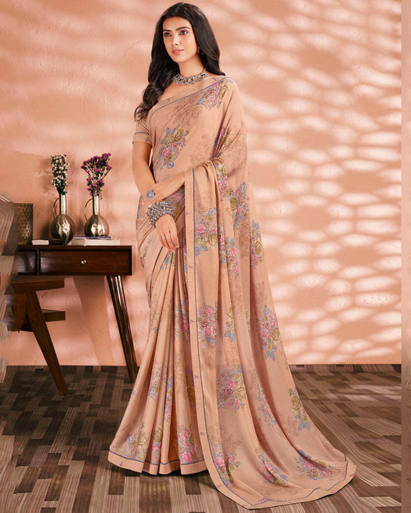 Vishal Prints Tacao Brown Printed Criva Crepe Saree With Fancy Border