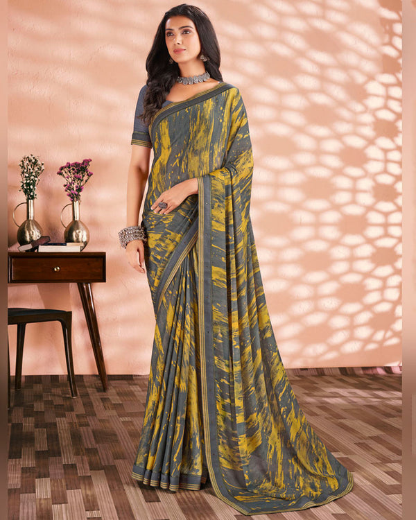 Vishal Prints Charcoal Grey Printed Criva Crepe Saree With Fancy Border