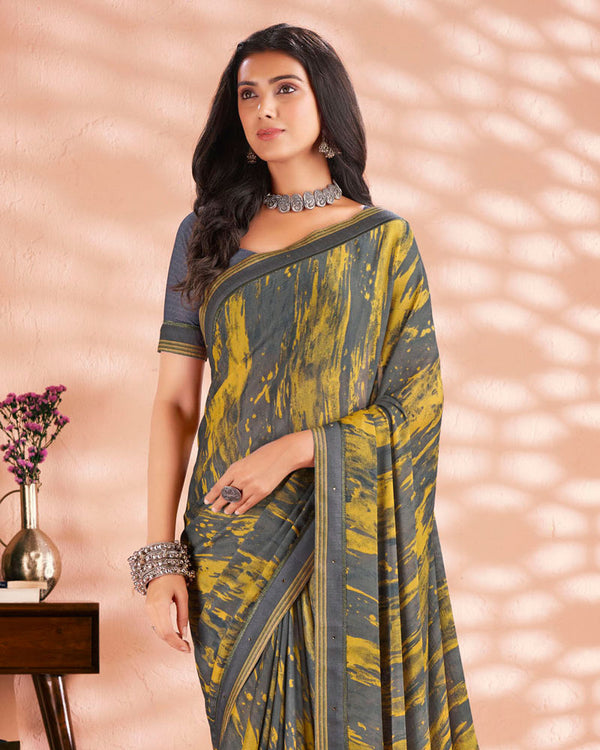 Vishal Prints Charcoal Grey Printed Criva Crepe Saree With Fancy Border