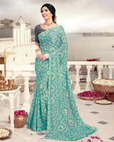 Vishal Prints Turquoise Printed Crepe Saree With Border