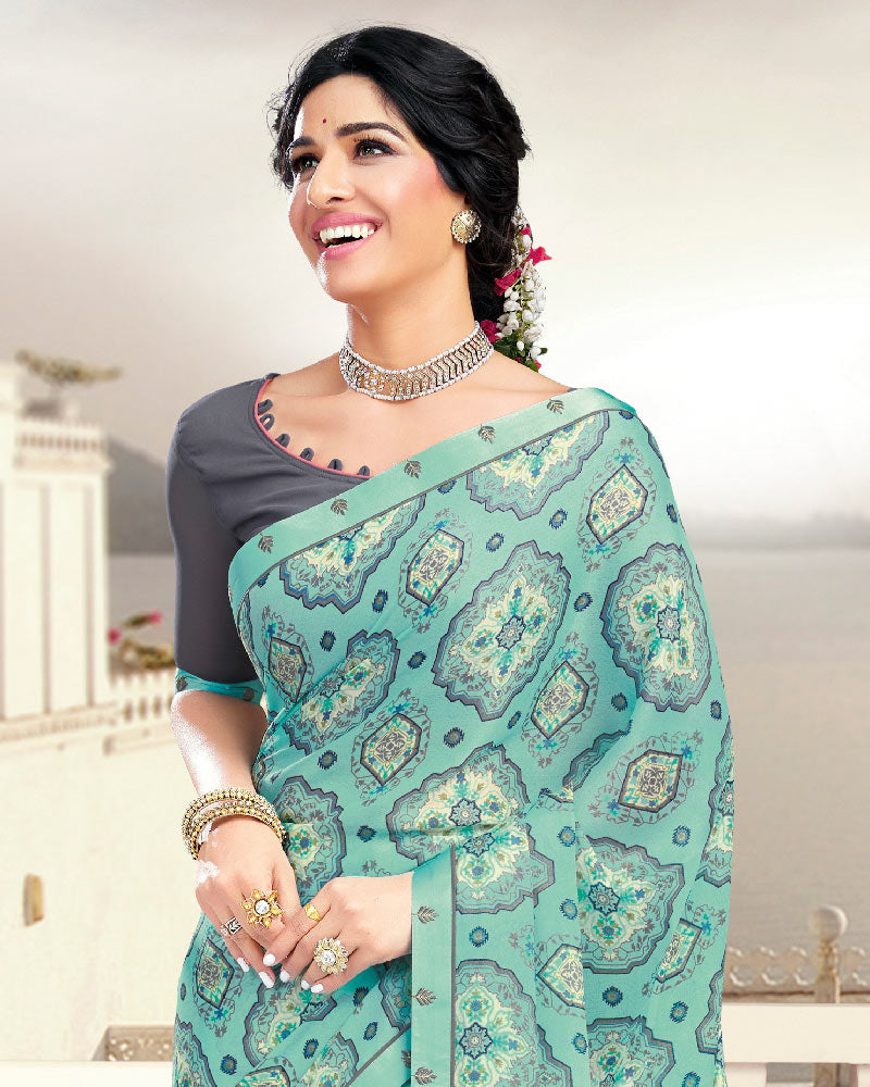 Vishal Prints Turquoise Printed Crepe Saree With Border