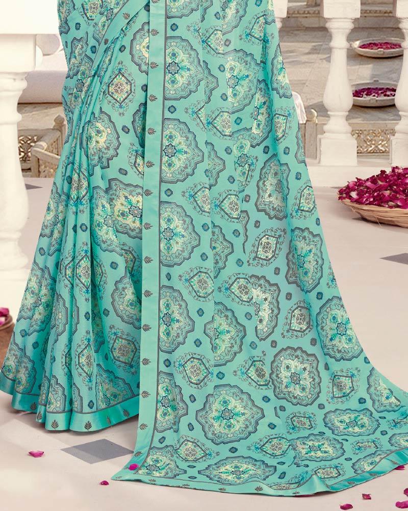 Vishal Prints Turquoise Printed Crepe Saree With Border