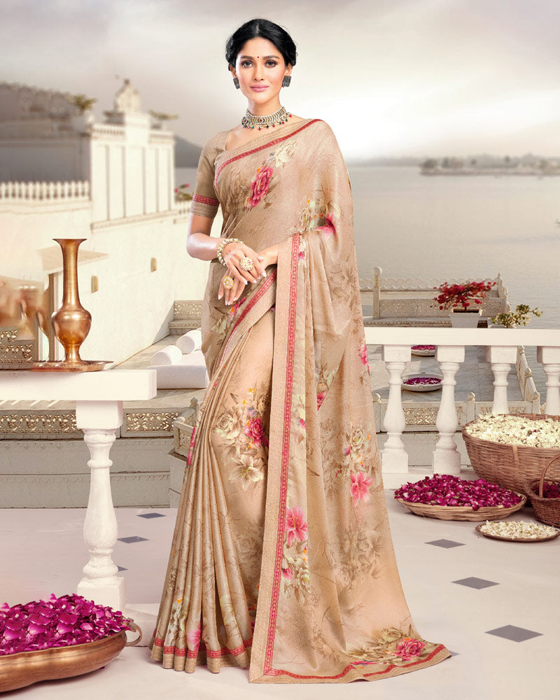 Vishal Prints Peach Printed Crepe Saree With Border