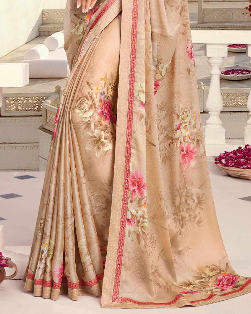 Vishal Prints Peach Printed Crepe Saree With Border