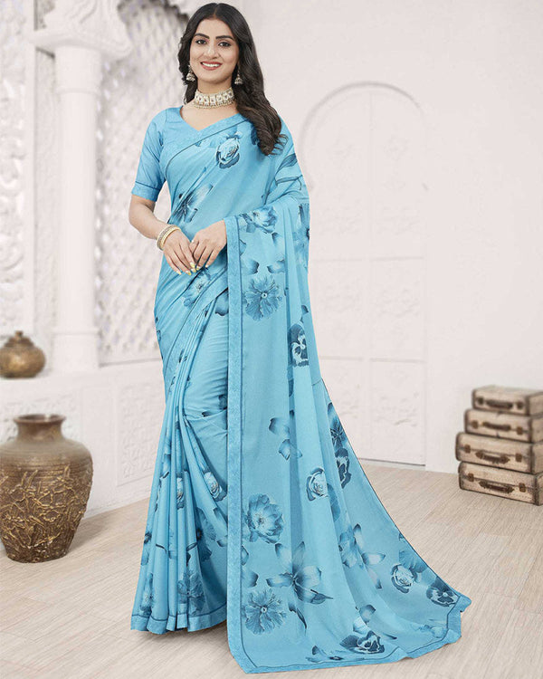 Vishal Prints Sky Blue Digital Print Criva Crepe Saree With Fancy Printed Border