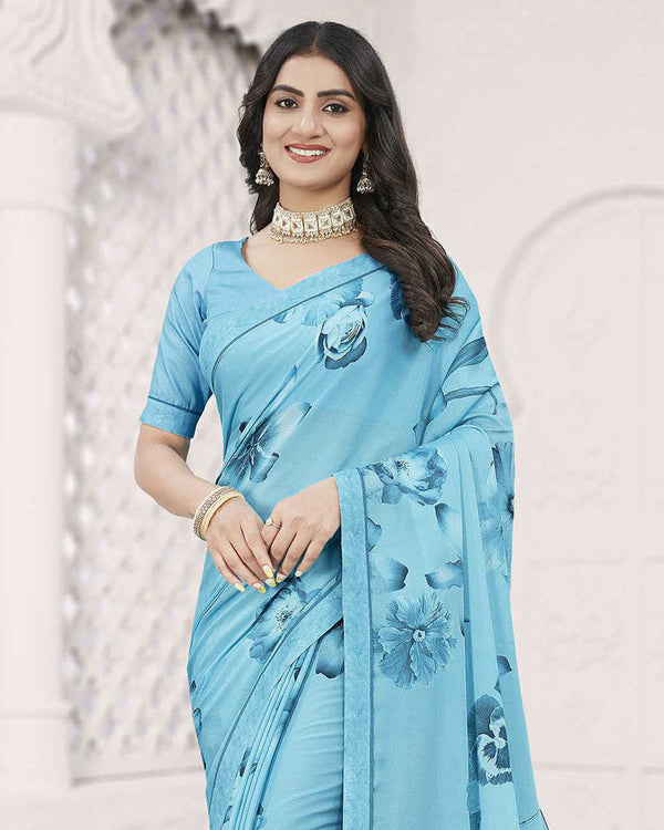 Vishal Prints Sky Blue Digital Print Criva Crepe Saree With Fancy Printed Border