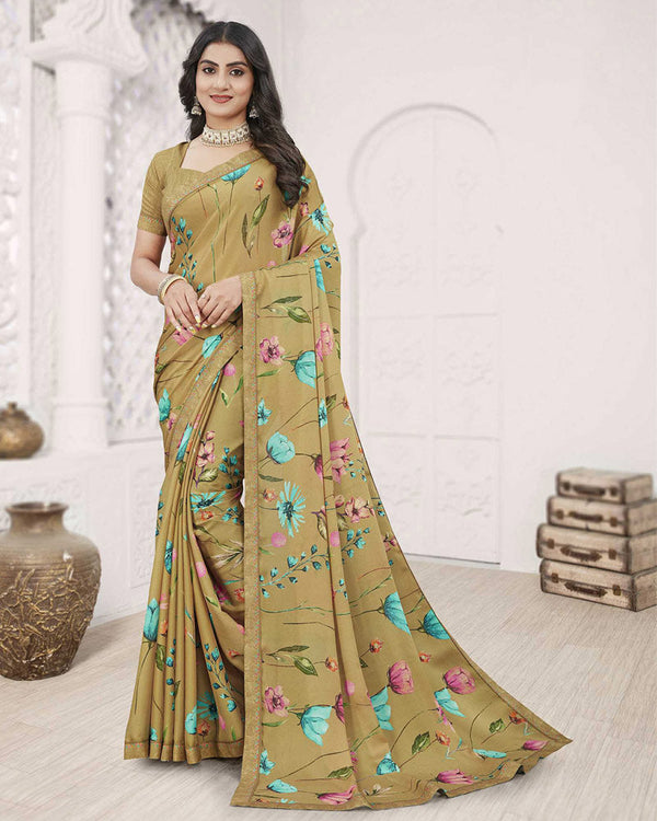 Vishal Prints Dusty Brown Digital Print Criva Crepe Saree With Fancy Printed Border