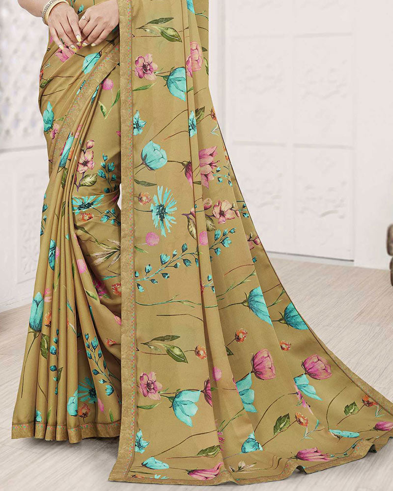 Vishal Prints Dusty Brown Digital Print Criva Crepe Saree With Fancy Printed Border