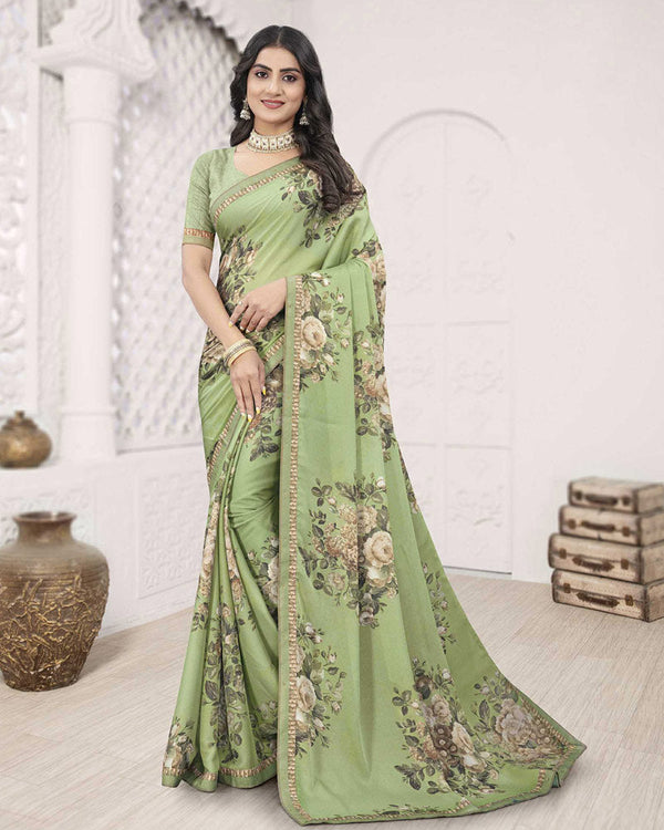 Vishal Prints Moss Green Digital Print Criva Crepe Saree With Fancy Printed Border