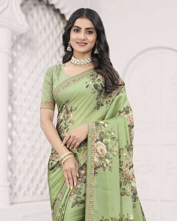 Vishal Prints Moss Green Digital Print Criva Crepe Saree With Fancy Printed Border