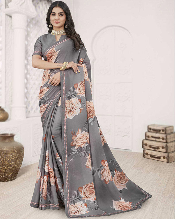 Vishal Prints Charcoal Grey Digital Print Criva Crepe Saree With Fancy Printed Border