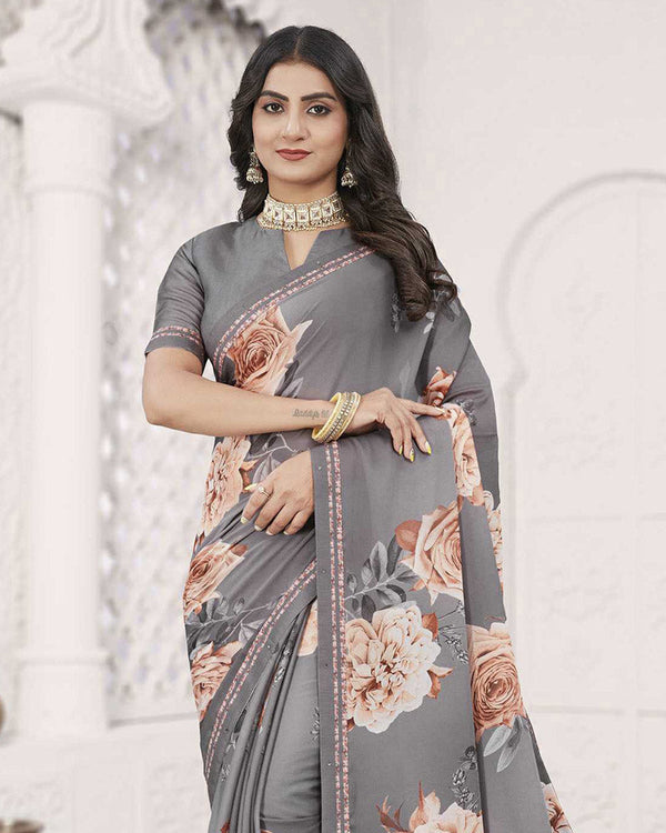 Vishal Prints Charcoal Grey Digital Print Criva Crepe Saree With Fancy Printed Border