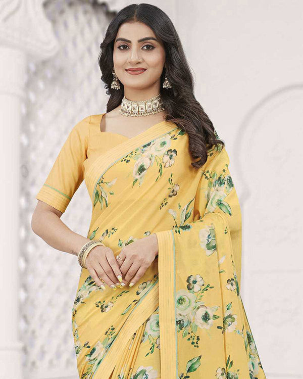 Vishal Prints Pastel Yellow Digital Print Criva Crepe Saree With Fancy Printed Border