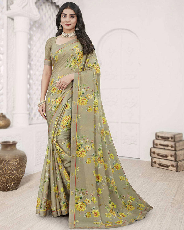 Vishal Prints Sand Grey Digital Print Criva Crepe Saree With Fancy Printed Border