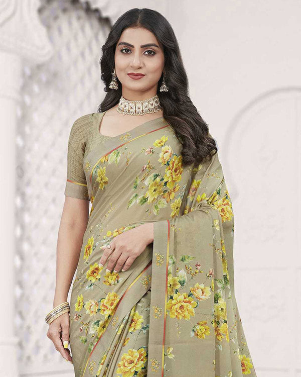 Vishal Prints Sand Grey Digital Print Criva Crepe Saree With Fancy Printed Border