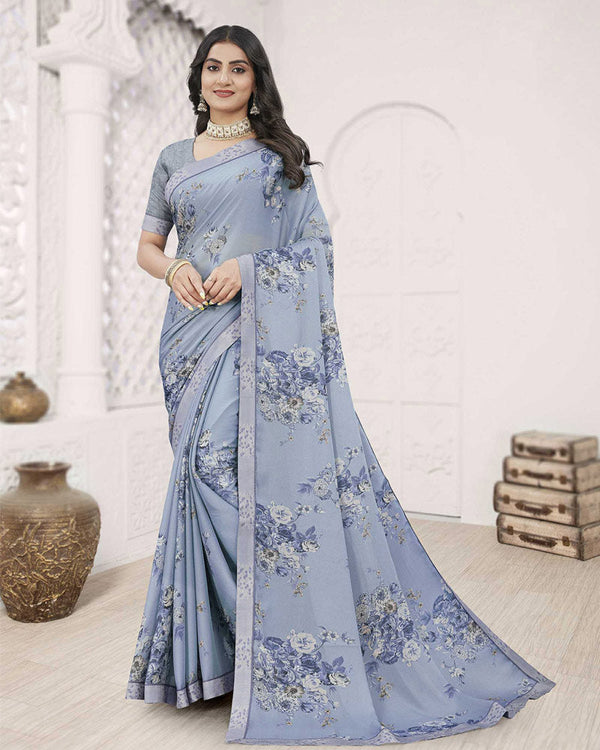 Vishal Prints Cement Grey Digital Print Criva Crepe Saree With Fancy Printed Border