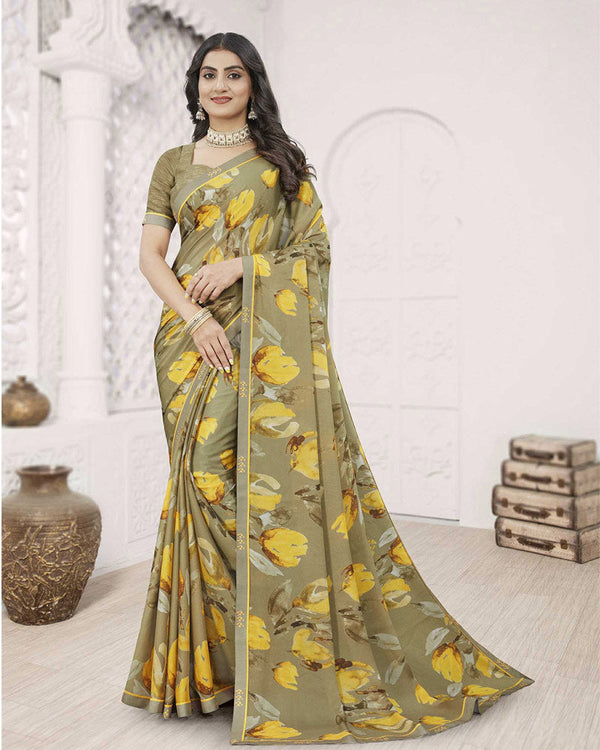 Vishal Prints Khaki Green Digital Print Criva Crepe Saree With Fancy Printed Border