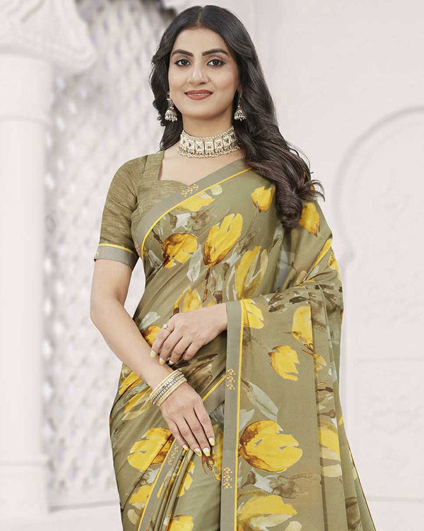 Vishal Prints Khaki Green Digital Print Criva Crepe Saree With Fancy Printed Border