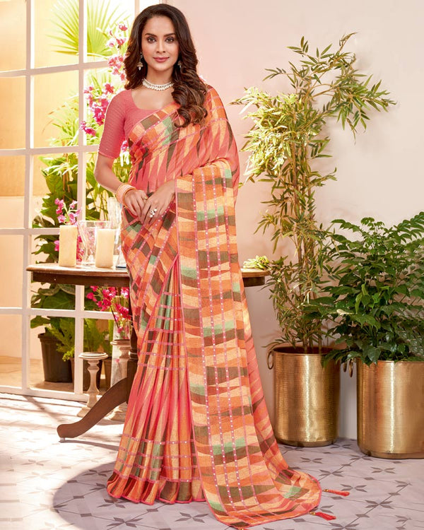 Vishal Prints Coral Pink Fancy Chiffon Saree With Core Piping And Tassel