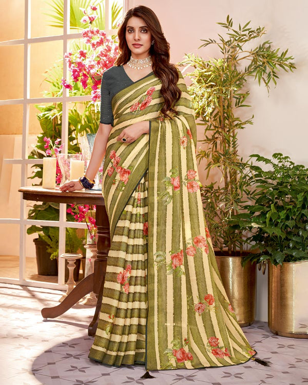 Vishal Prints Mehandi Green Fancy Chiffon Saree With Core Piping And Tassel